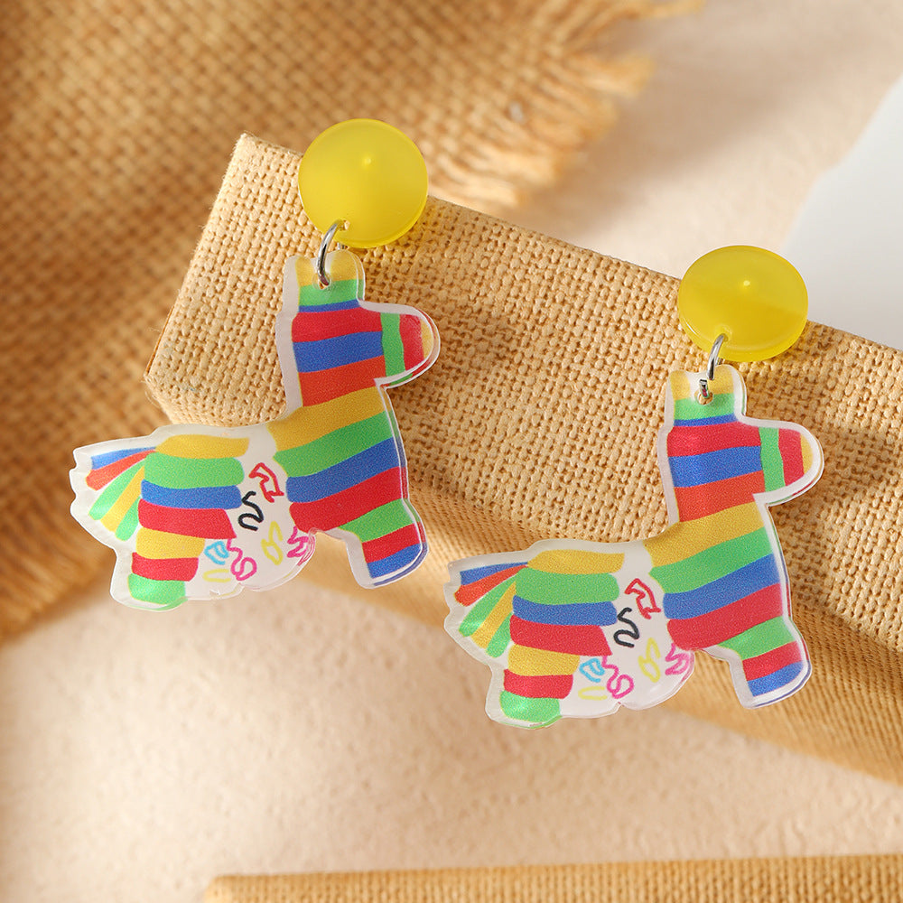 Wholesale Carnival tassel hat rainbow horse oil painting music festival printed earrings acrylic personalized earrings